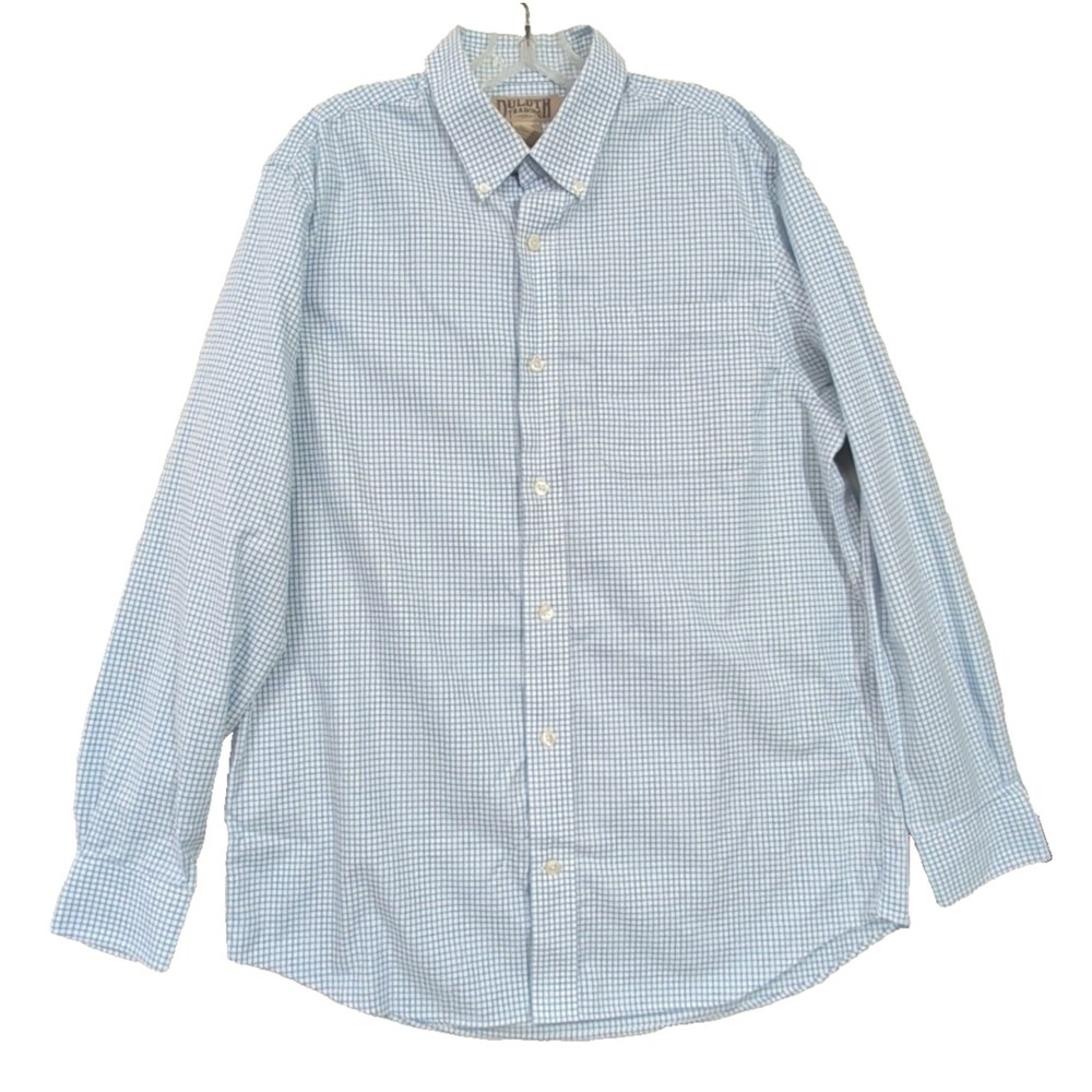 Duluth Trading Button Down Shirt Mens L Blue White Check Trim Fit Long Sleeve‎